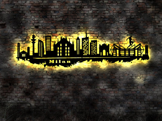 Skyline Milan Mailand LED Wandbild Holz Stadt AK Karte Map Stadtplan Wandsticker Leuchtbild Neonreklame Wandtattoo Reiseführer Silhouette