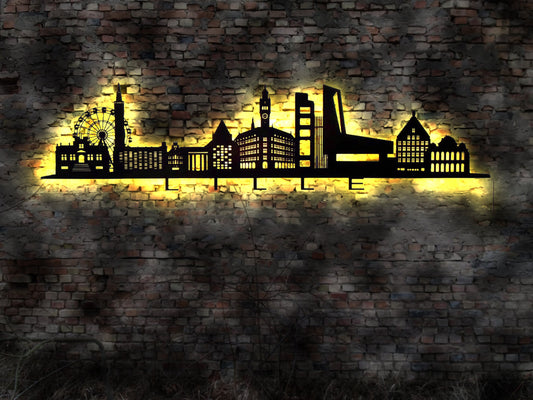 Skyline Lille  France Frankreich LED Wandbild Holz Stadt AK Karte Map Stadtplan Wandsticker Leuchtbild Neonreklame Wandtattoo