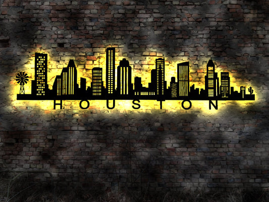 Skyline Houston Stadt LED Wandbild Holz Stadt AK Karte Map Stadtplan Wandsticker Leuchtbild Neonreklame Wandtattoo