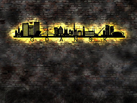 Skyline Gdansk Danzig Poland Polen LED Wandbild   Holz Stadt AK Karte Map Stadtplan Wandsticker Leuchtbild Wandtattoo Reiseführer Silhouette