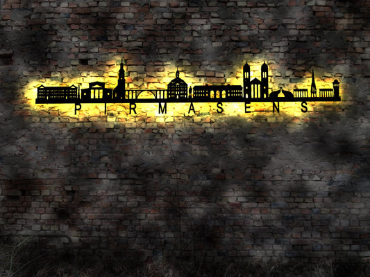 Skyline Pirmasens  LED Wandbild   Holz Stadt Rathaus Markt Kirche  Wandsticker Leuchtbild Wandtattoo Reiseführer Silhouette