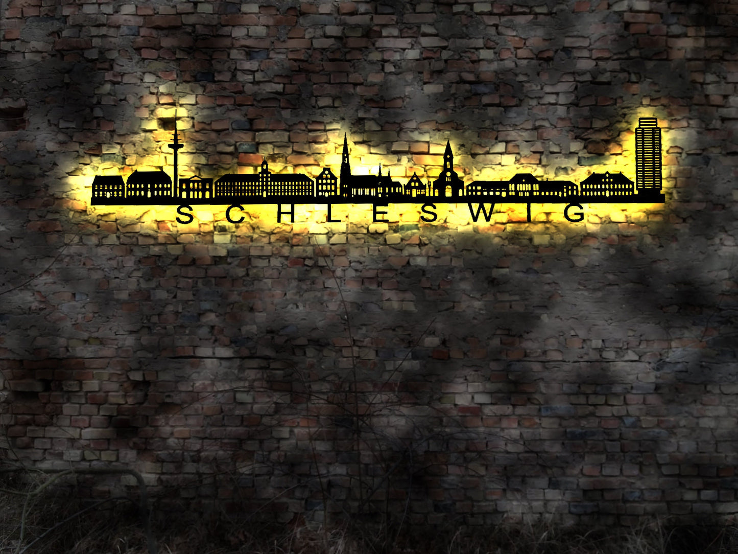 Skyline Schleswig  LED Wandbild   Holz Stadt Rathaus Markt Kirche  Wandsticker Leuchtbild Wandtattoo Reiseführer Silhouette