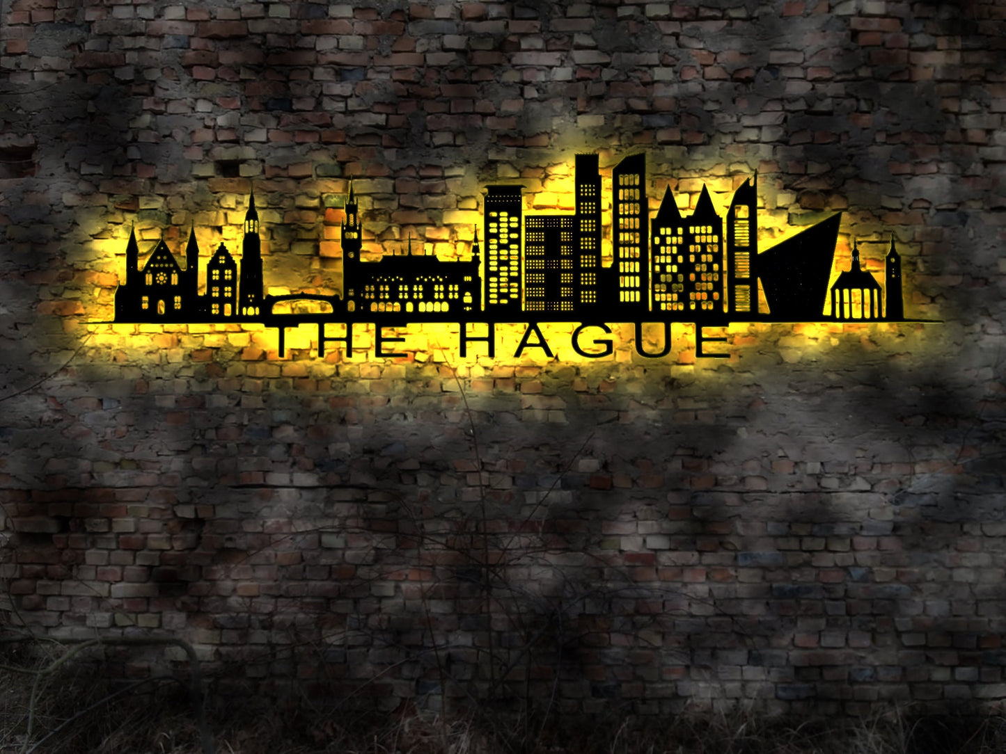 Skyline Den Haag The Hague Niederlande  LED Wandbild Holz Stadt AK Karte Map Stadtplan Wandsticker Leuchtbild Wandtattoo Silhouette