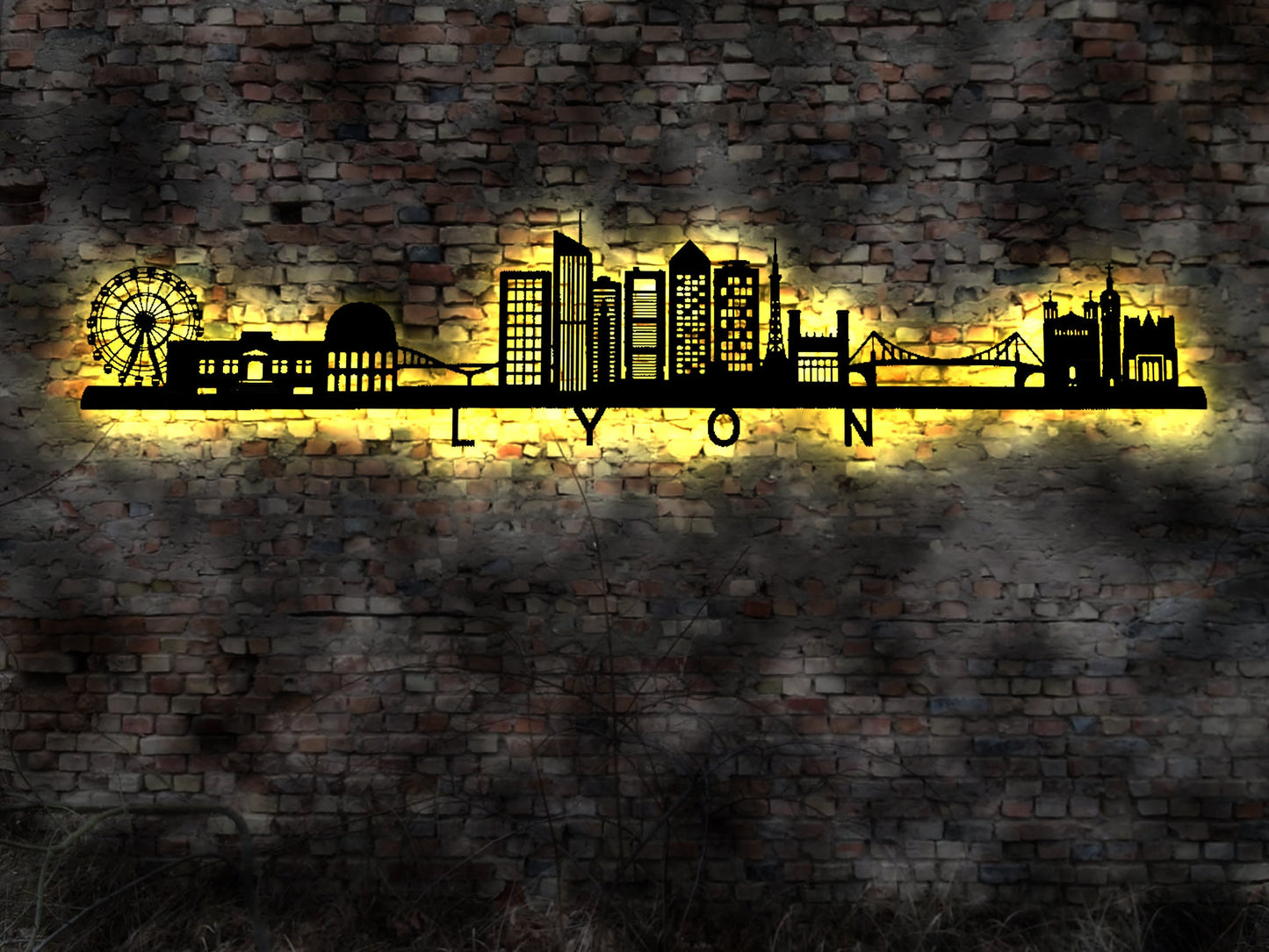 Skyline Lyon France Frankreich  LED Wandbild Holz Stadt AK Karte Map Stadtplan Wandsticker Leuchtbild Neonreklame Wandtattoo Silhouette