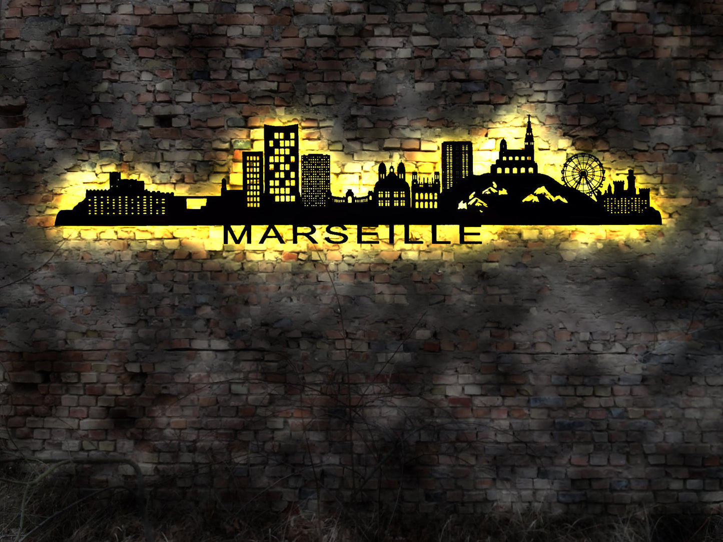 Skyline Marseille France Frankreich LED Wandbild Holz Stadt AK Karte Map Stadtplan Wandsticker Leuchtbild Neonreklame Wandtattoo