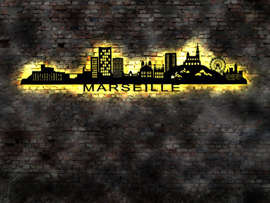 Skyline Marseille France Frankreich LED Wandbild Holz Stadt AK Karte Map Stadtplan Wandsticker Leuchtbild Neonreklame Wandtattoo