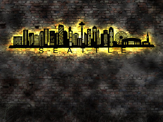 Skyline Seattle Stadt LED Wandbild Holz Stadt AK Karte Map Stadtplan Wandsticker Leuchtbild Neonreklame Wandtattoo USA