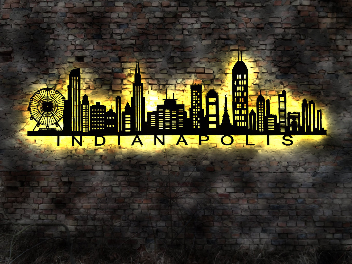 Skyline Indianapolis USA  LED Wandbild   Holz Stadt AK Karte Map Stadtplan Leuchtbild Neonreklame Wandtattoo wall sign Silhouette