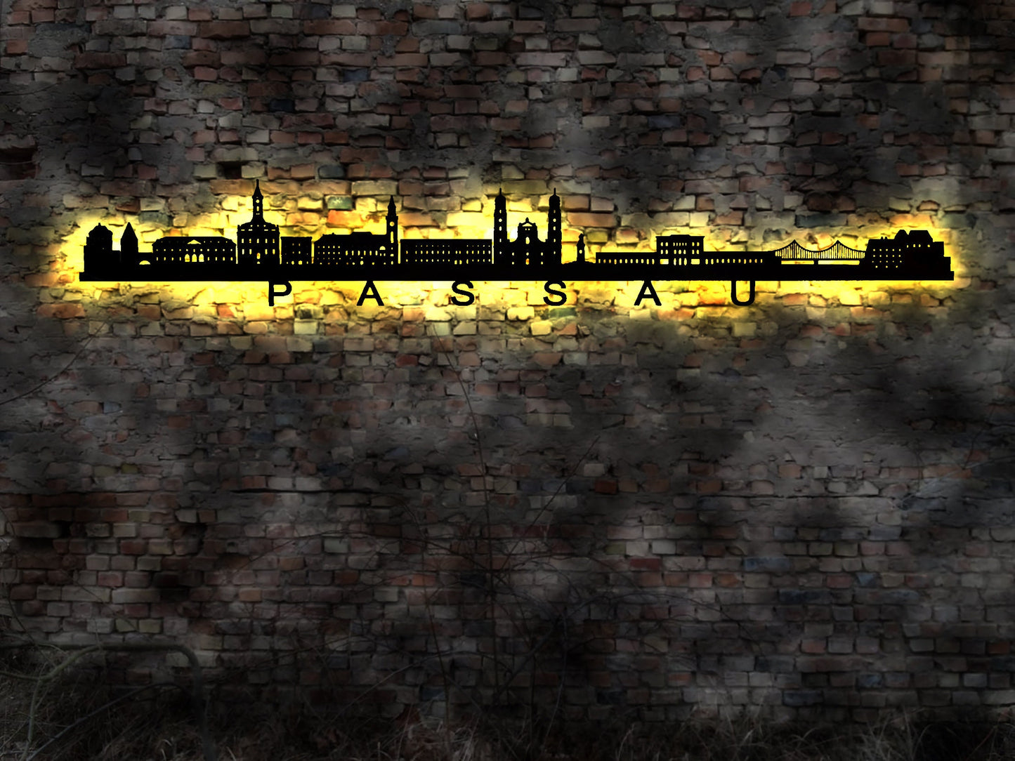 Skyline Passau   LED Wandbild   Holz Stadt AK Karte Map Stadtplan Wandsticker Leuchtbild Wandtattoo Reiseführer Silhouette Haus Wohnung