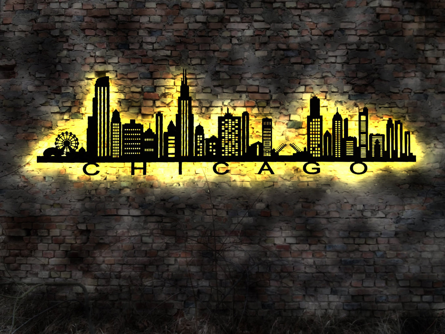 Skyline Chicago LED Wandbild   Holz Stadt AK Karte Map Stadtplan Wandsticker Leuchtbild Neonreklame Wandtattoo Reiseführer Silhouette