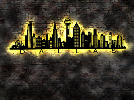 Skyline Dallas USA  LED Wandbild   Holz Stadt AK Karte Map Stadtplan Wandsticker Leuchtbild Neonreklame Wandtattoo Reiseführer Silhouette