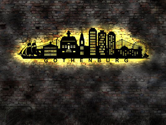 Skyline Göteborg Gothenburg Schweden LED Wandbild Holz Stadt  Map Stadtplan Wandsticker Leuchtbild  Wandtattoo Reiseführer Silhouette