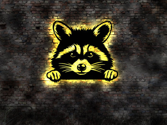 Waschbär Bär LED Wandbild aus Holz Kinderzimmer niedliches Bild Schlummerlicht