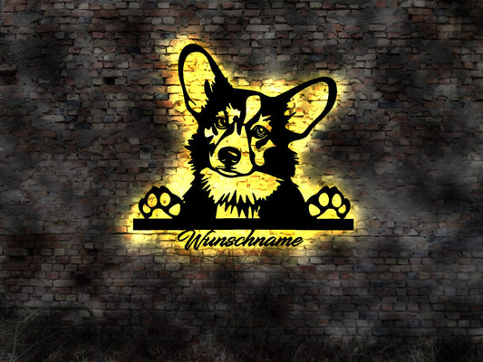 Welsh Corgi Pembroke  LED Wandbild aus Holz Welpen Welpe Buch