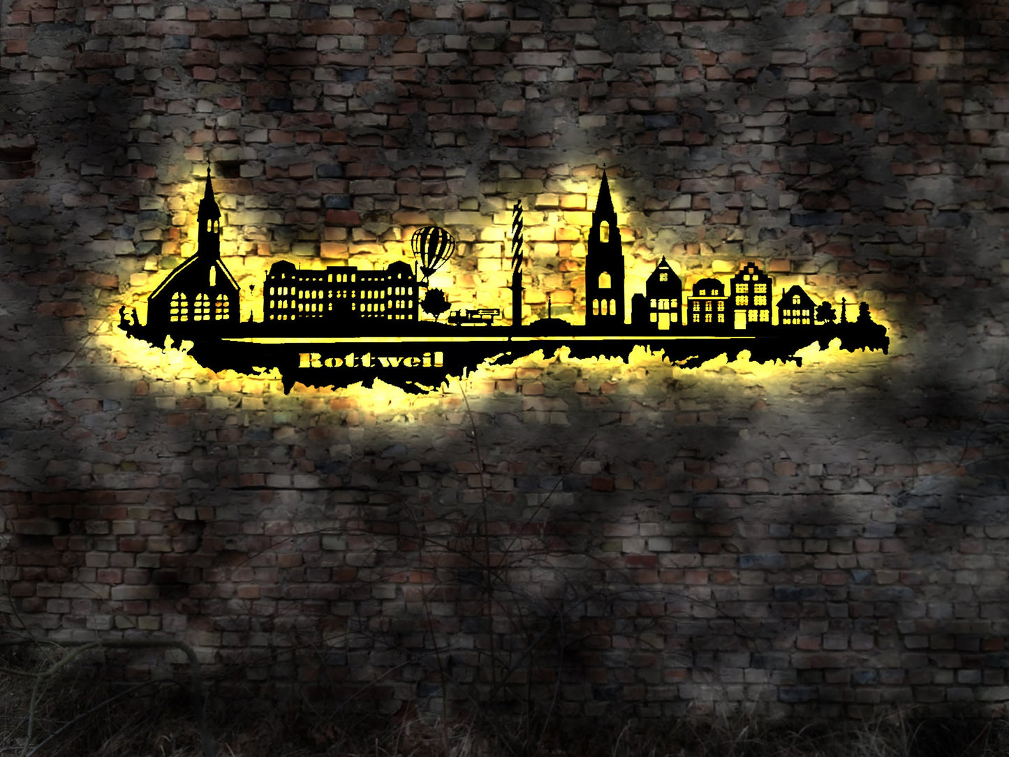 Skyline Rottweil  LED Wandbild Holz Stadt AK Karte Map Stadtplan Wandsticker Leuchtbild Neonreklame Wandtattoo  Silhouette