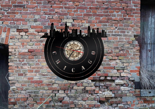 Chicago  Skyline USA  Wanduhr Uhr Holzuhr Uhren Ziffernblatt Clock Holz Armbanduhr Silhouette  Aufkleber