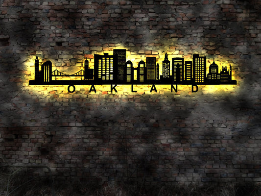 Skyline Oakland USA  LED Wandbild   Holz Stadt AK Karte Map Stadtplan Wandsticker Leuchtbild Neonreklame Wandtattoo Reiseführer Silhouette