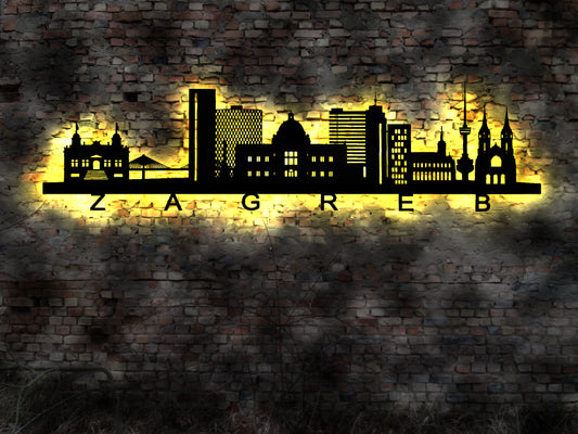 Skyline Zagreb Kroatien LED Wandbild Holz Stadt AK Karte Map Stadtplan Wandsticker Leuchtbild Neonreklame Wandtattoo Reiseführer Silhouette