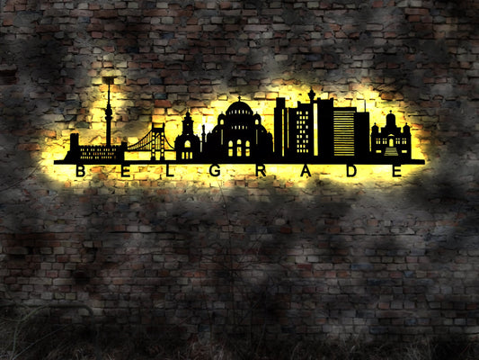 Skyline Belgrad Belgrade Serbien  LED Wandbild Holz Stadt AK Karte Map Stadtplan Wandsticker Leuchtbild Neonreklame Wandtattoo  Silhouette