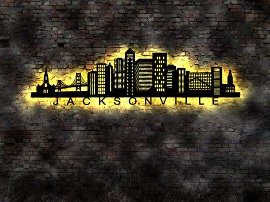 Skyline Jacksonville LED Wandbild Holz Stadt AK Karte Map Stadtplan Wandsticker Leuchtbild Neonreklame Wandtattoo  Silhouette