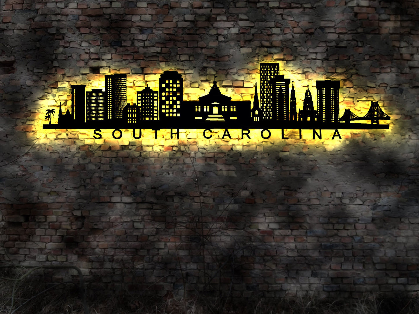 Skyline South Carolina LED Wandbild Holz Stadt AK Karte Map Stadtplan Wandsticker Leuchtbild Neonreklame Wandtattoo  Silhouette
