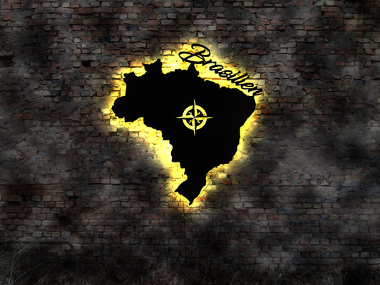 Brasilien Land  LED Wandbild Holz Stadt  Karte Map Stadtplan Wandsticker Leuchtbild Neonreklame Wandtattoo Reiseführer Silhouette