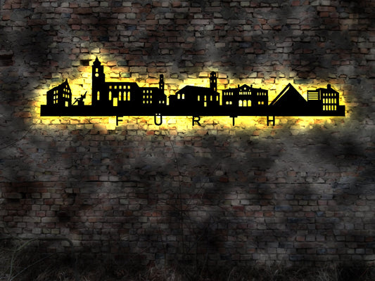 Skyline Fürth  LED Wandbild Holz Stadt AK Karte Map Stadtplan Wandsticker Leuchtbild Neonreklame Wandtattoo Reiseführer Silhouette