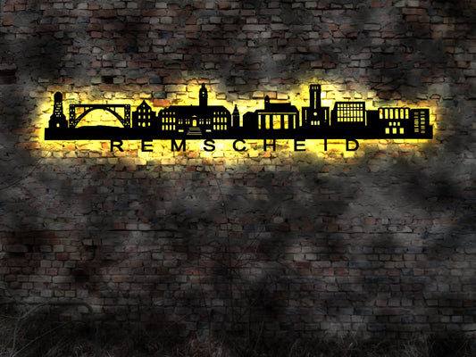 Skyline Remscheid  LED Wandbild Holz Stadt AK Karte Map Stadtplan Wandsticker Leuchtbild Neonreklame Wandtattoo Reiseführer Silhouette