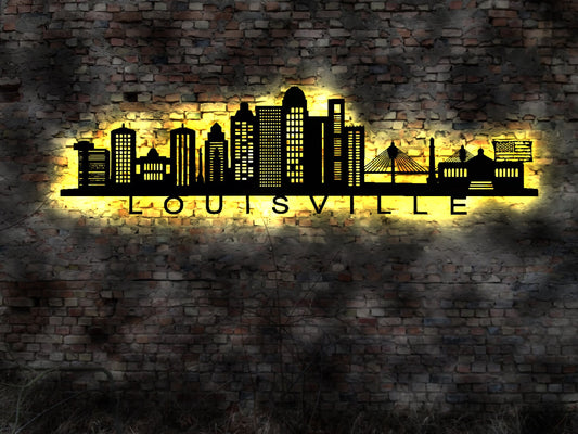 Skyline Louisville Kentucky USA  LED Wandbild   Holz Stadt AK Karte Map Stadtplan Wandsticker Leuchtbild  Wandtattoo Reiseführer Silhouette