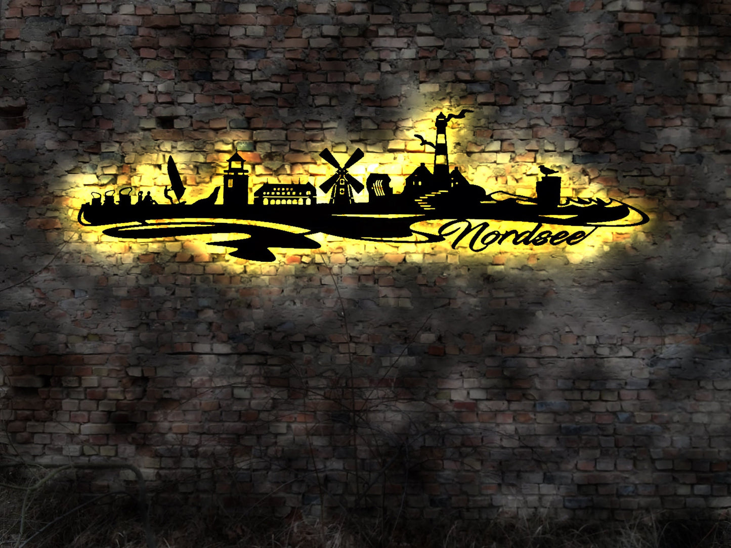 Skyline Nordsee LED Wandbild Holz Stadt AK Karte Map Wandsticker Leuchtbild Neonreklame Wandtattoo Reiseführer Silhouette Inseln