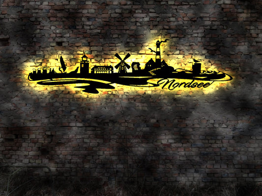 Skyline Nordsee LED Wandbild Holz Stadt AK Karte Map Wandsticker Leuchtbild Neonreklame Wandtattoo Reiseführer Silhouette Inseln