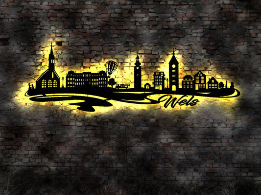 Skyline Wels  Austria Wandbild Holz Stadt AK Karte Map Stadtplan Wandsticker Leuchtbild Österreich Wandtattoo Reiseführer Silhouette