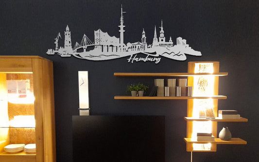 Edelstahl Skyline Hamburg Stadt Wandkunst Stahl rostfrei Silhouette Metallkunst Künstlerarbeit