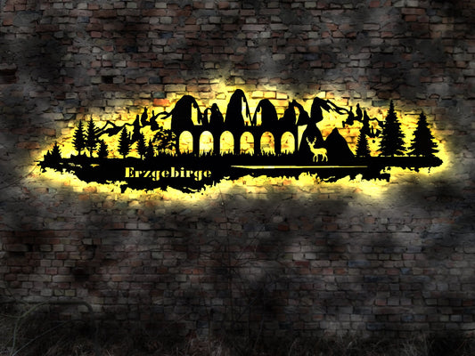 LED Skyline Erzgebirge  Gebirge  Wandbild Holz Stadt AK Karte  Leuchtbild Schild Bild  Wandtattoo Reiseführer Silhouette