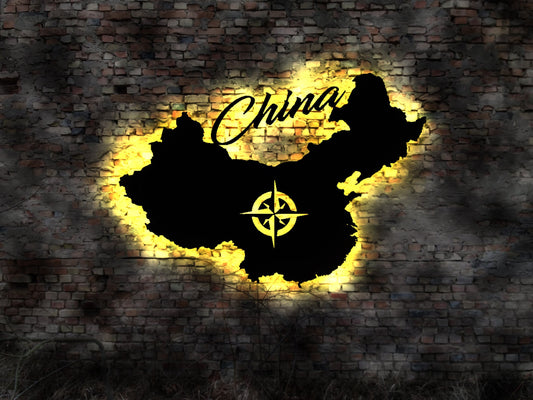 Skyline China  LED Wandbild Holz Stadt AK Karte Map Wandsticker Leuchtbild Neonreklame Wandtattoo Reiseführer Silhouette