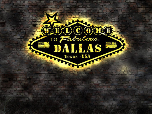Skyline Dallas USA  LED Wandbild   Holz Stadt AK Karte Map Stadtplan Wandsticker Leuchtbild Neonreklame Wandtattoo Reiseführer Silhouette