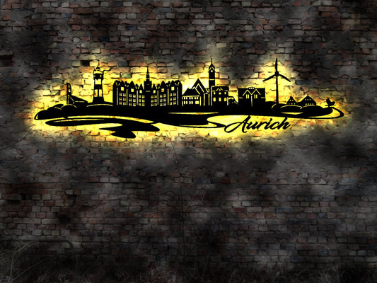 Skyline Aurich Stadt  LED Wandbild   Holz Stadt AK Karte Map Stadtplan Wandsticker Leuchtbild Wandtattoo Reiseführer Silhouette