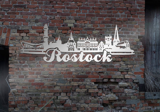 Skyline Metall Rostock Hafen Schild Stahl rostfrei Metallkunst Schild Cortenstahl rostend rostig verrostet Corten