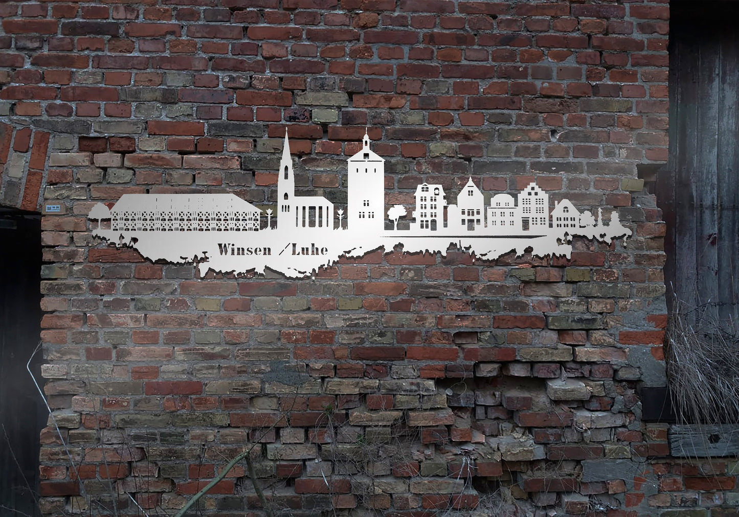 Skyline Metall Winsen Luhe Stadt Schild Stahl rostfrei Metallkunst Schild Cortenstahl rostend rostig verrostet Corten