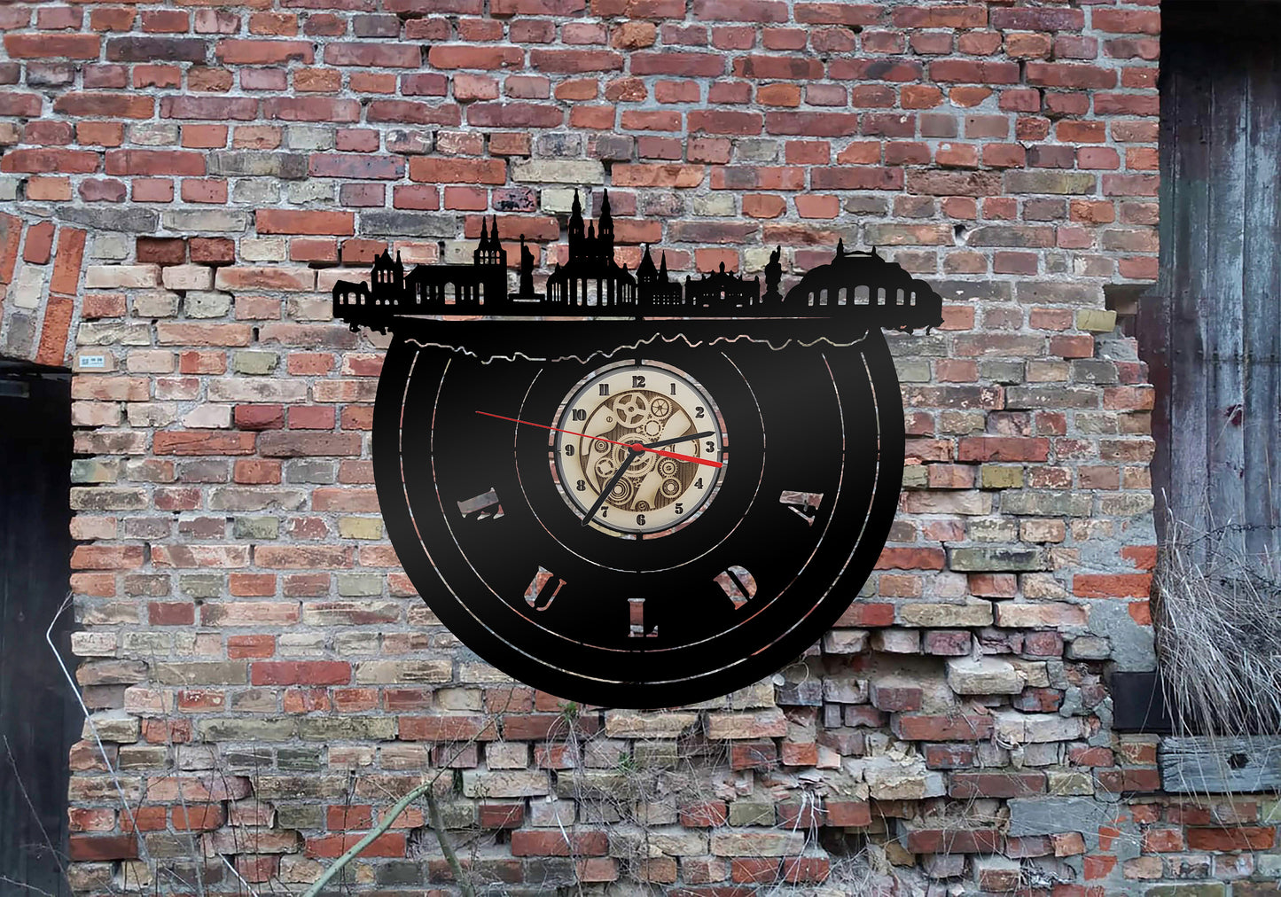 Uhr Stadt Fulda  LED Wandbild Holz  Wandtattoo Silhouette