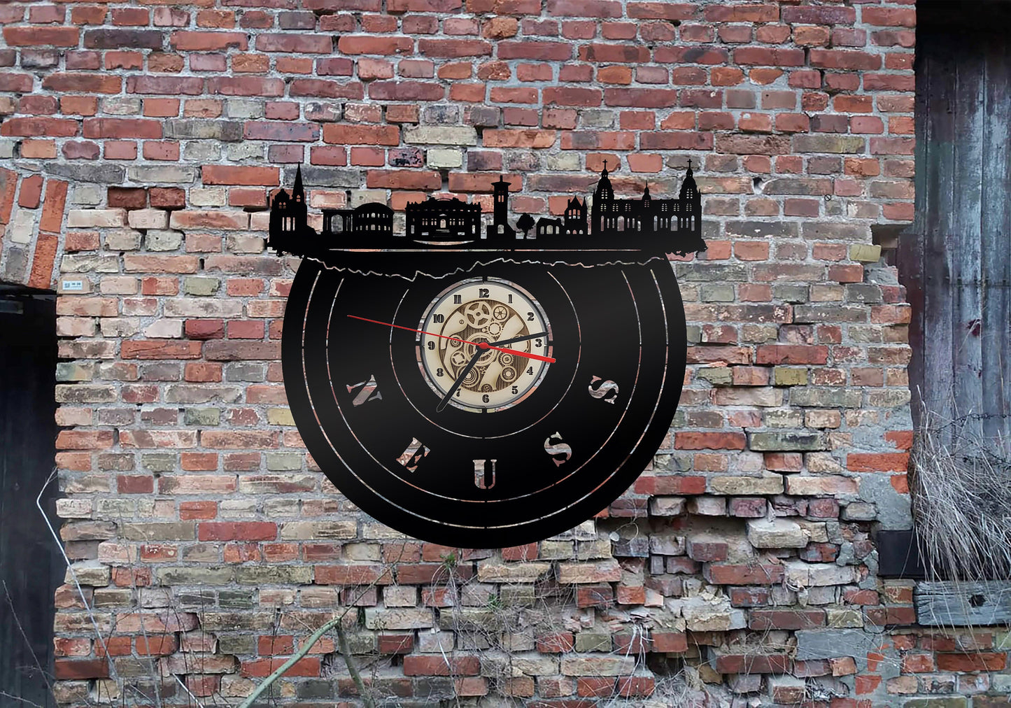 Uhr Stadt Neuss LED Wandbild Holz  Wandtattoo Silhouette