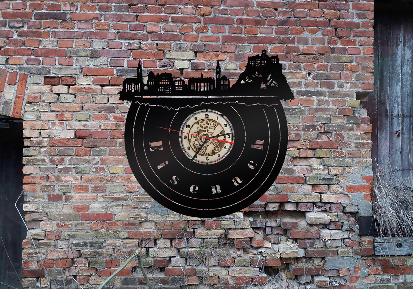 Uhr Stadt Eisenach  LED Wandbild Holz  Wandtattoo Silhouette