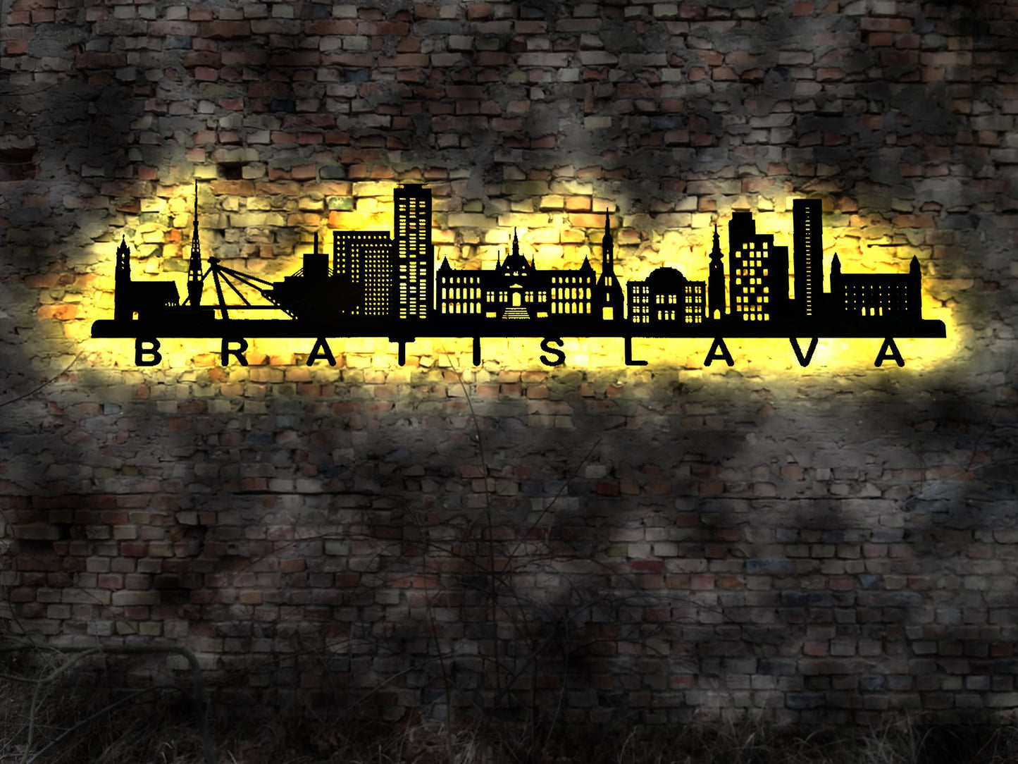 Skyline Bratislava Slowakei LED Wandbild   Holz Stadt AK Karte Map Stadtplan Wandsticker Leuchtbild  Wandtattoo Reiseführer Silhouette