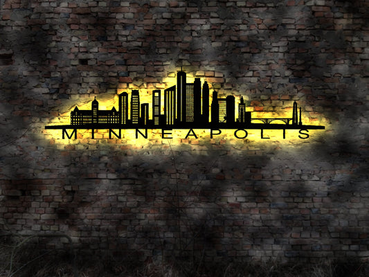 Skyline Minneapolis Minnesota  LED Wandbild Holz Stadt AK Karte Map Stadtplan Wandsticker Leuchtbild Neonreklame Wandtattoo  Silhouette