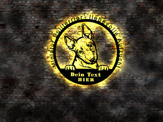 Mini Bullterrier Terrier Bull LED Wandbild aus Holz Welpen Welpe Buch Hund Dog Zucht Züchter