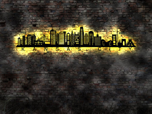 Skyline Kansas City USA  LED Wandbild Holz Stadt AK Karte Map Stadtplan Wandsticker Leuchtbild Neonreklame Wandtattoo  Silhouette