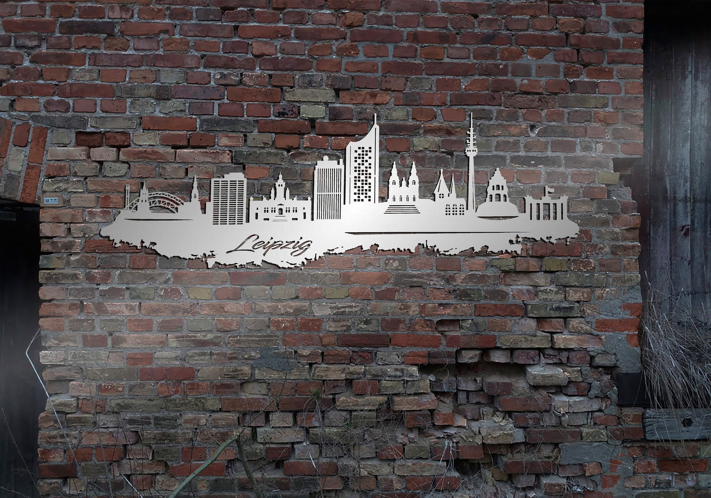 Skyline Metall Leipzig Schild Stahl rostfrei Metallkunst Schild Cortenstahl rostend rostig verrostet Corten