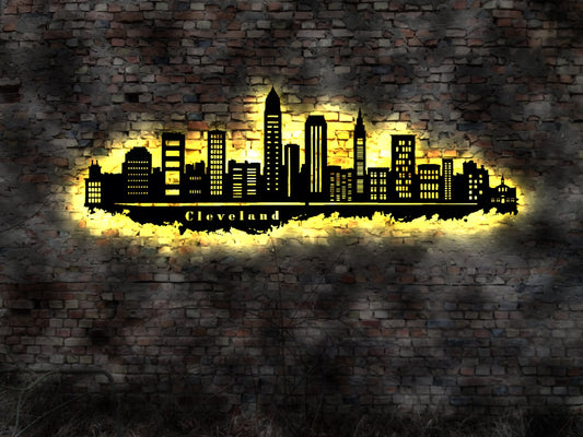 Skyline Cleveland USA  LED Wandbild Holz Stadt AK Karte Map Stadtplan WandstickerWandtattoo