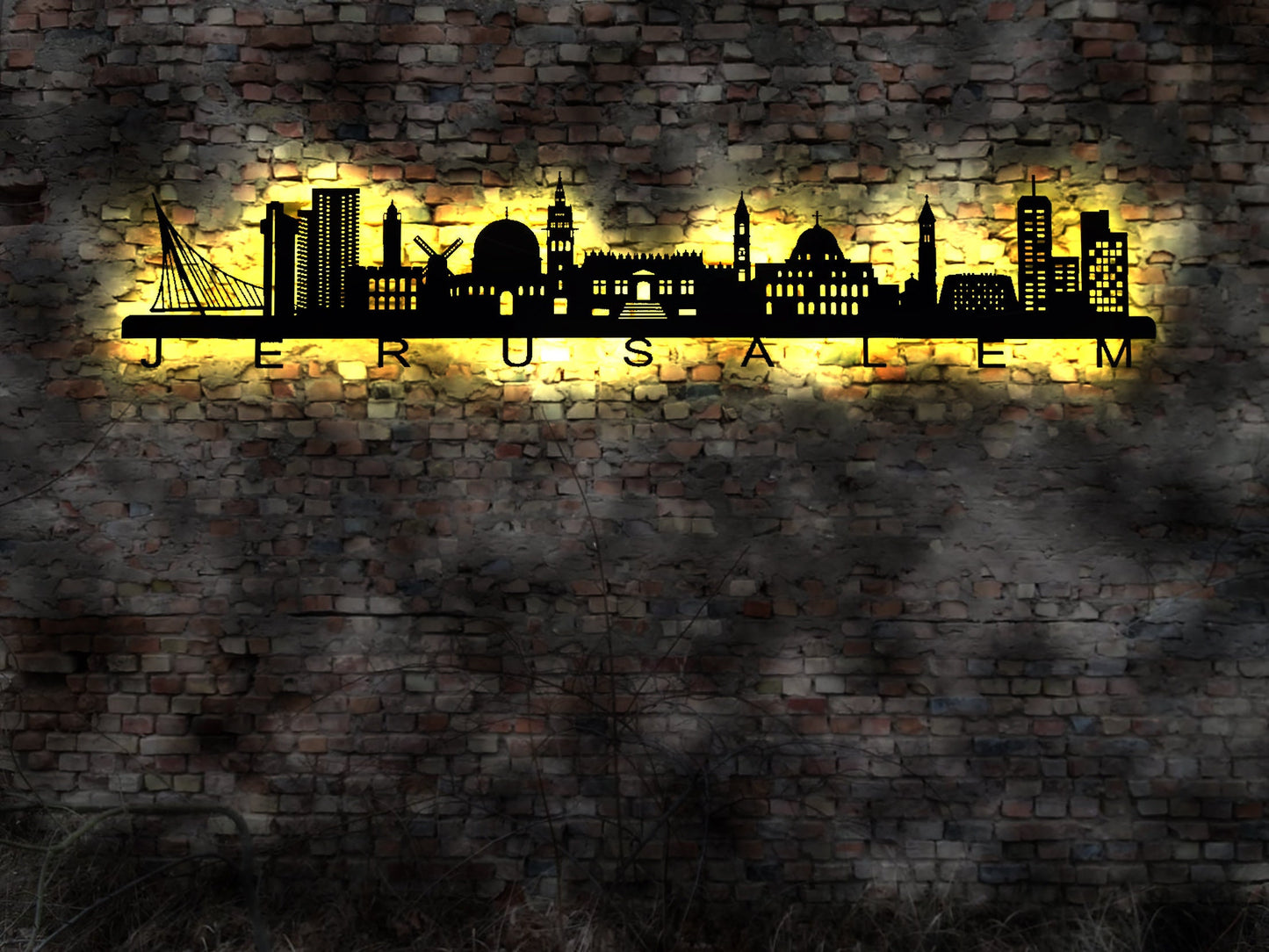 Skyline Jerusalem Israel LED Wandbild   Holz Stadt AK Karte Map Stadtplan Wandsticker Leuchtbild  Wandtattoo Reiseführer Silhouette