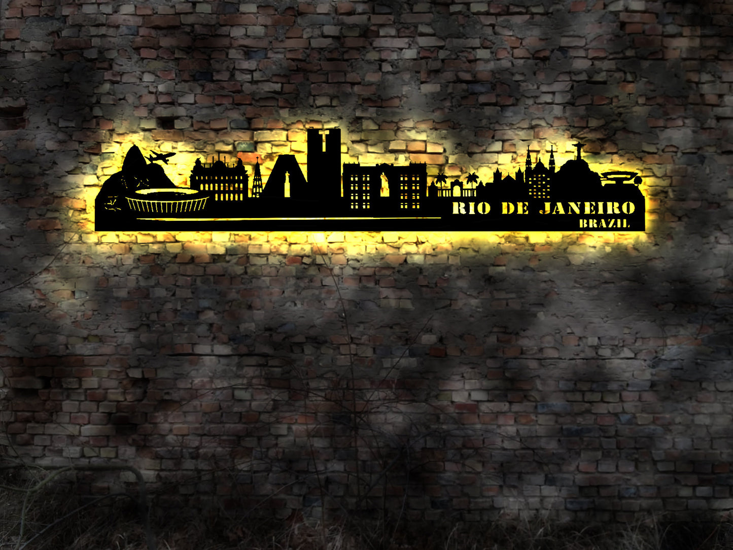 Skyline Skyline Rio de Janeiro   LED Wandbild Holz Stadt AK Karte Map Stadtplan Wandsticker Leuchtbild Wandtattoo Reiseführer Silhouette